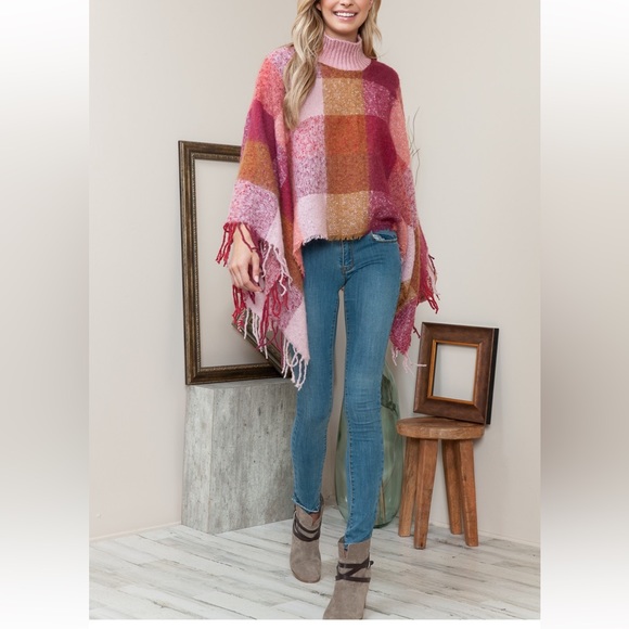 29 Boho Plaid Turtle Neck Poncho - Picture 4 of 5